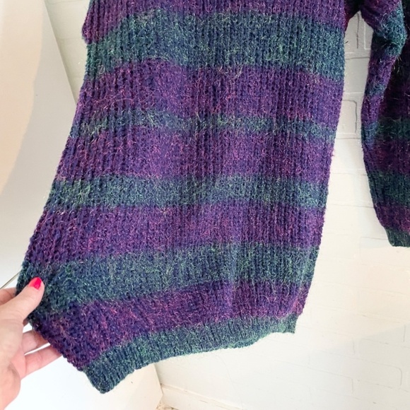 Vintage Knit Sweater/Tunic/dress Polo Stripes Metallic Iridescent purple Teal L - Picture 5 of 12